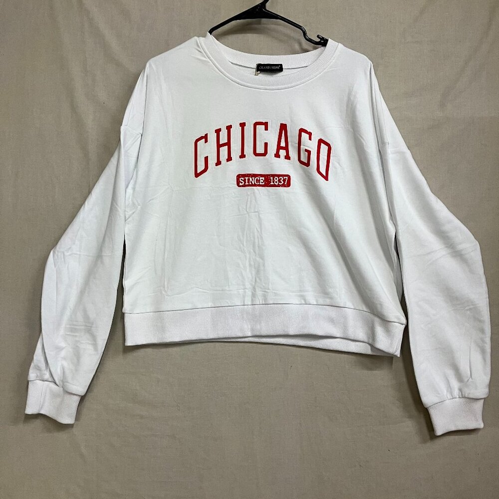 ORANDESIGNE Women's XL White Cropped Pullover Sweatshirt Long Sleeve Crew Neck